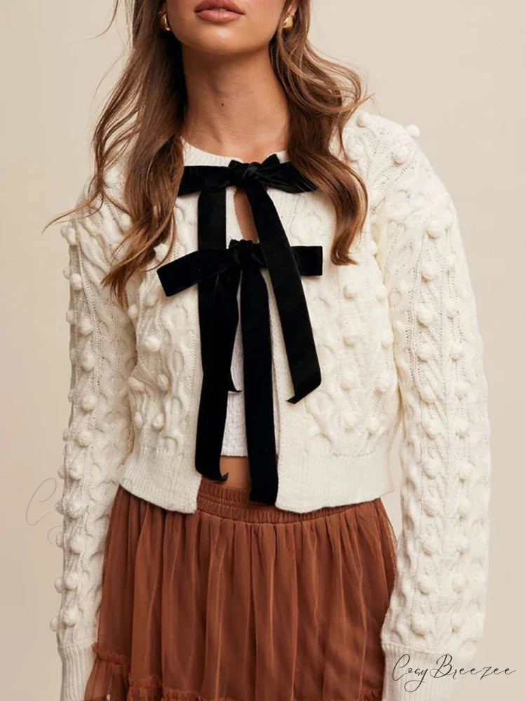 Ribbed Bow Tie Cable Knit Cardigan white / S cardigans-241228
