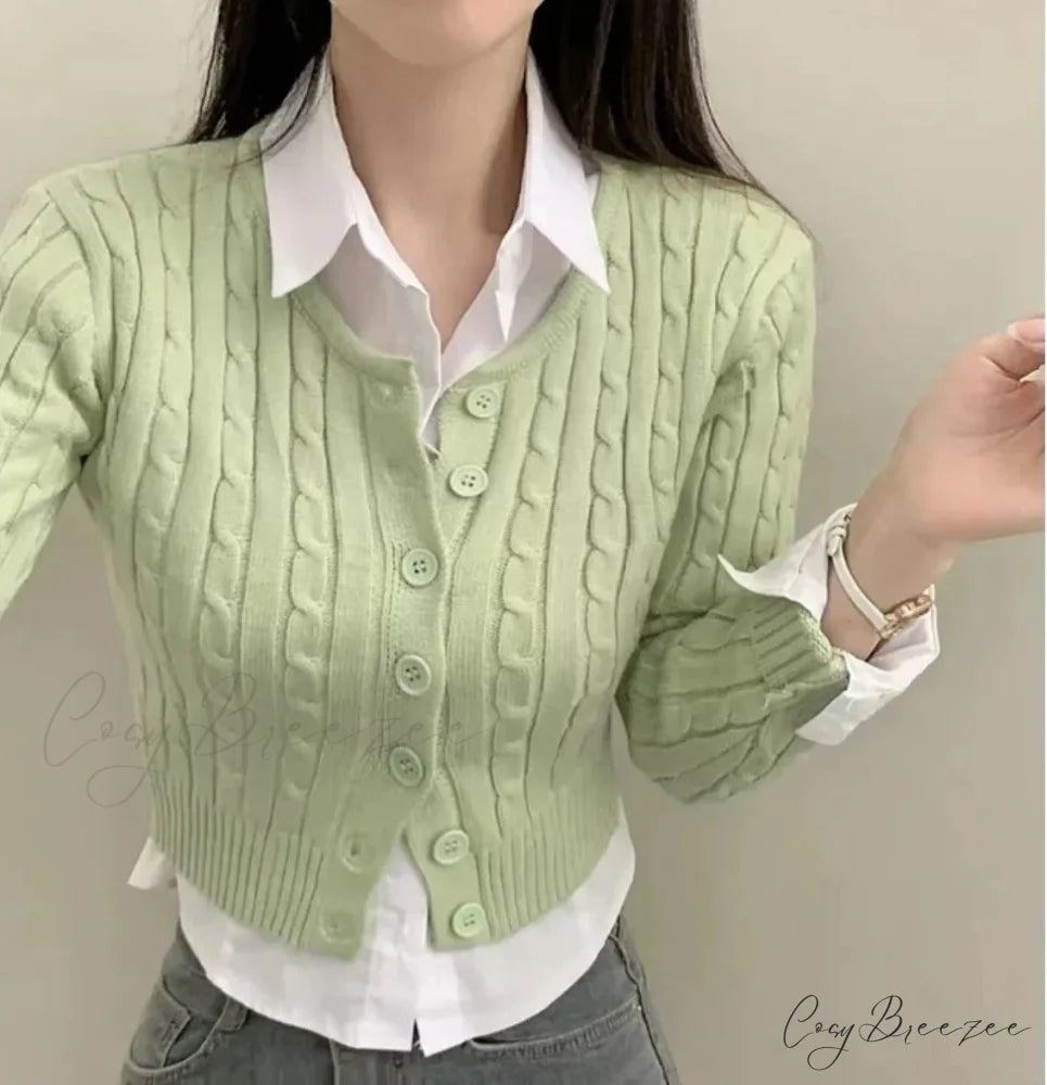 Ribbed Cable Knit Slim Fit Button-Up Cropped Cardigan Green / One Size cardiagn-250126
