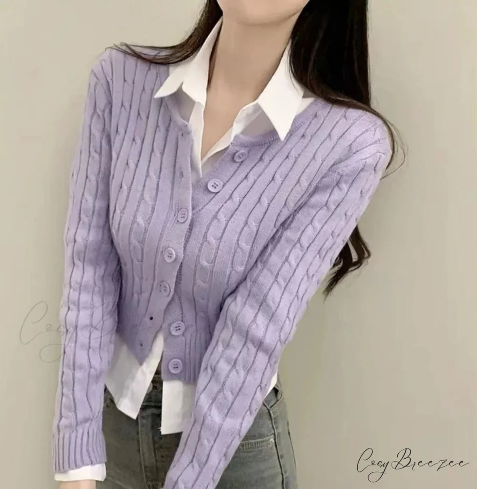 Ribbed Cable Knit Slim Fit Button-Up Cropped Cardigan PURPLE / One Size cardiagn-250126