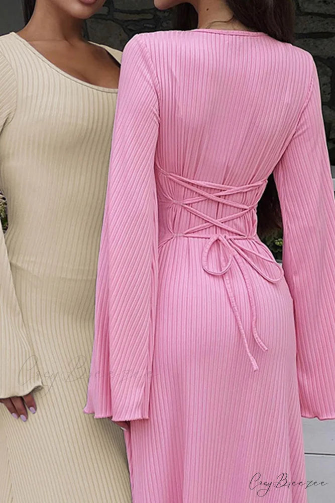Ribbed Flares Sleeve Dress with Tie-back Beige / L