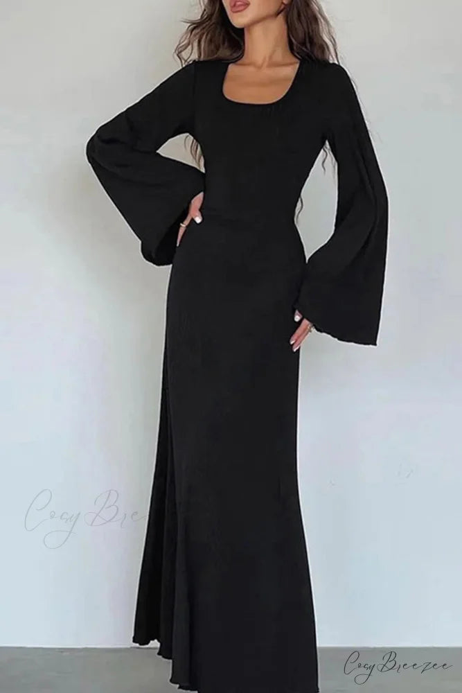 Ribbed Flares Sleeve Dress with Tie-back Black / S
