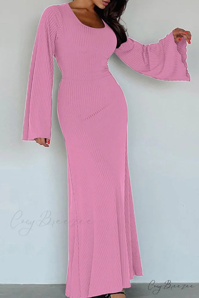 Ribbed Flares Sleeve Dress with Tie-back Pink / M