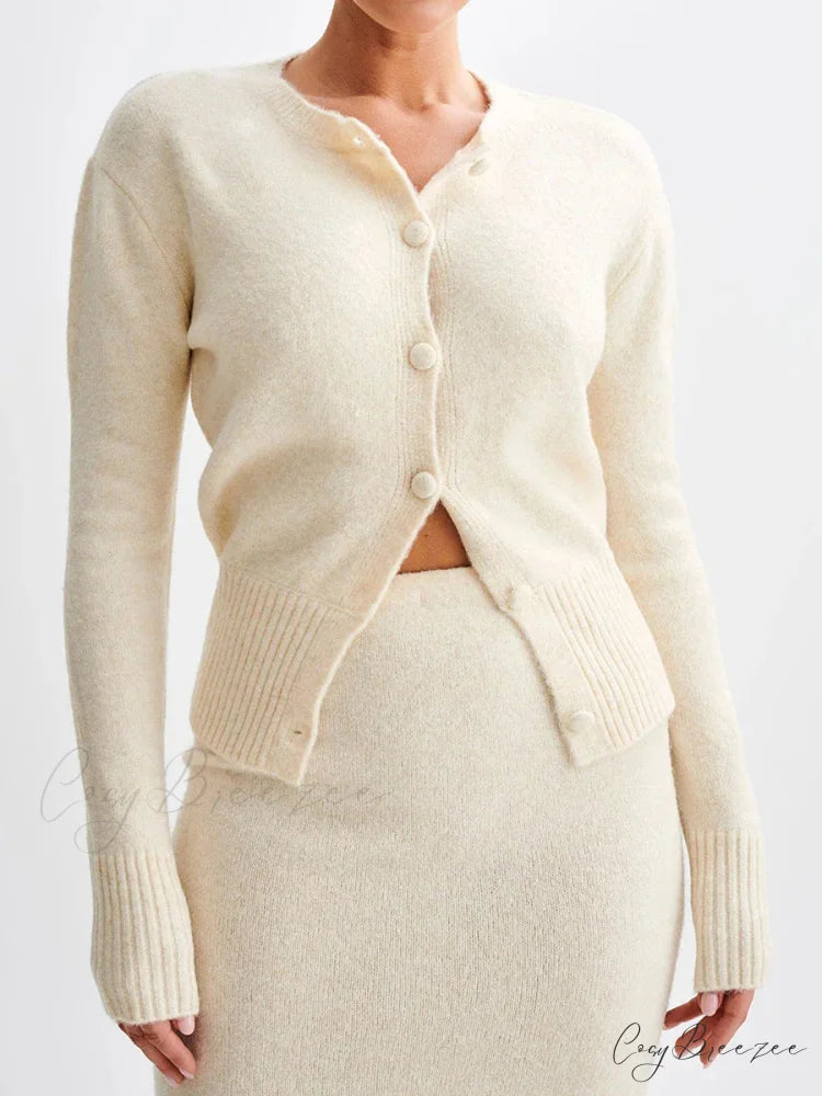 Ribbed Full Sleeve Button Cardigan Ivory / S cardigans-241228