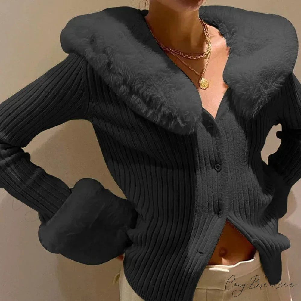 Ribbed Fur Trim Slim Knitted Cardigan Black / S cardigans-241228