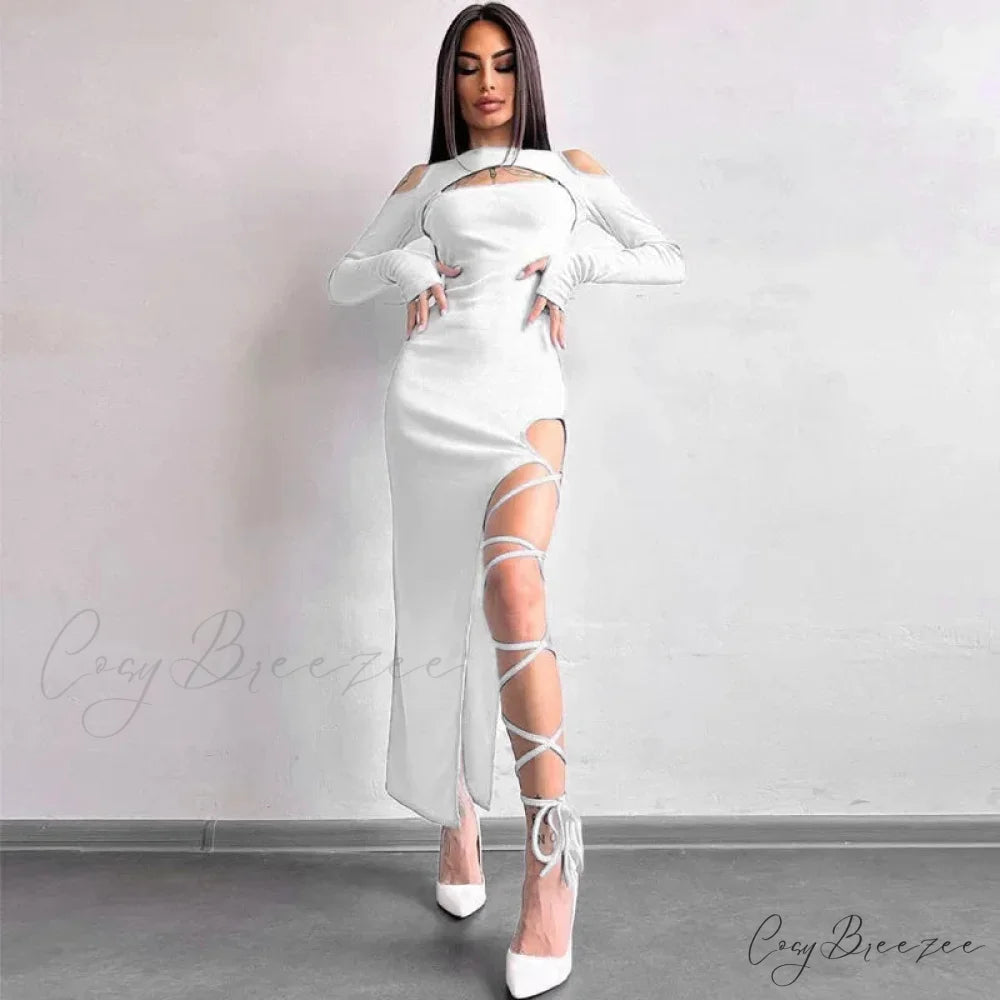 Ribbed Hollow Long Sleeve Off Shoulder Tie Up Party Clubwear Midi Dress