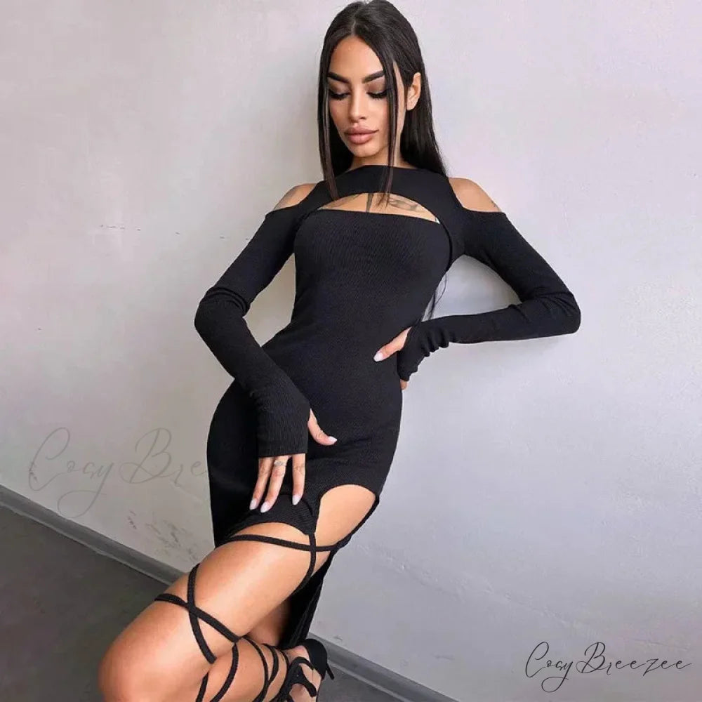 Ribbed Hollow Long Sleeve Off Shoulder Tie Up Party Clubwear Midi Dress Black / S