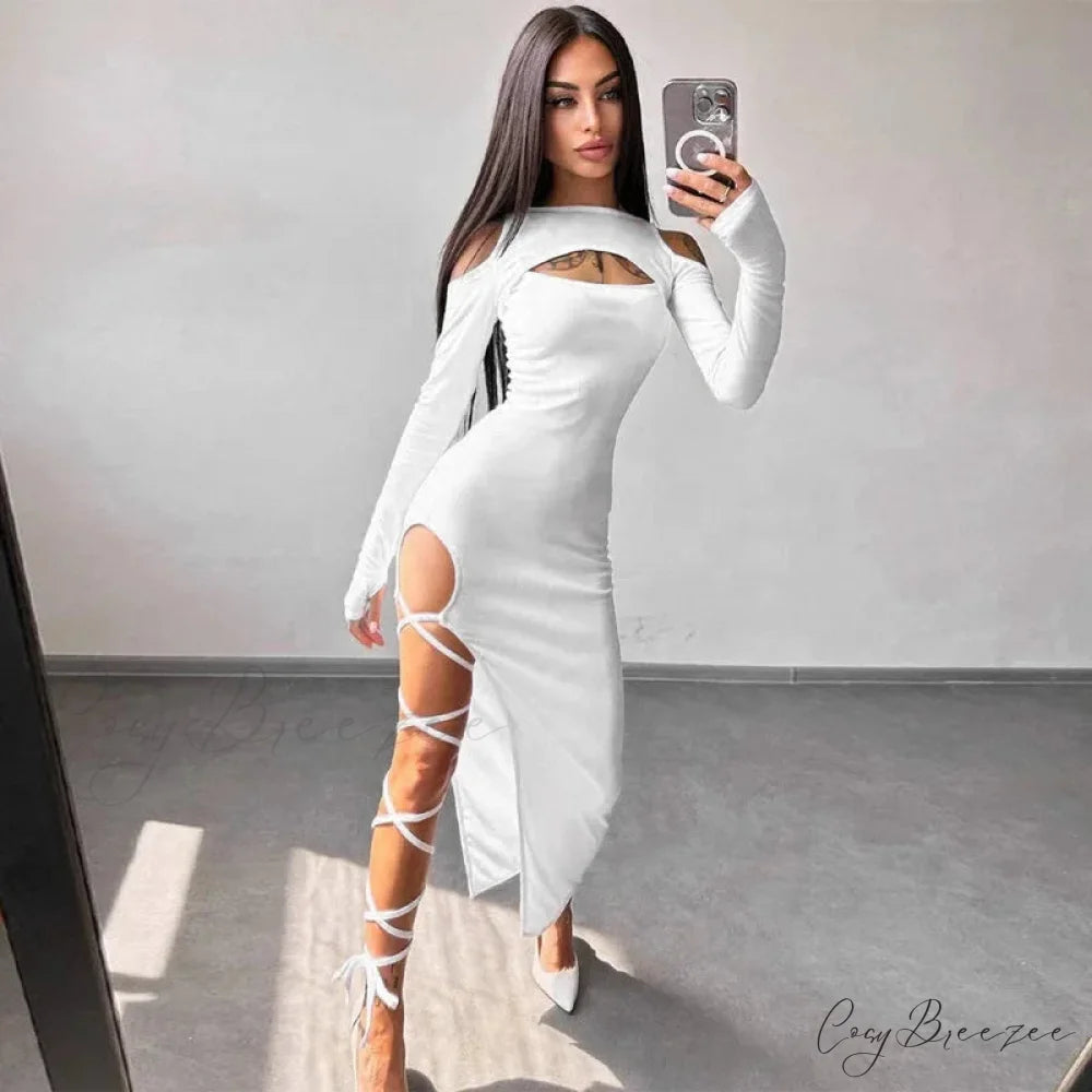 Ribbed Hollow Long Sleeve Off Shoulder Tie Up Party Clubwear Midi Dress WHITE / S