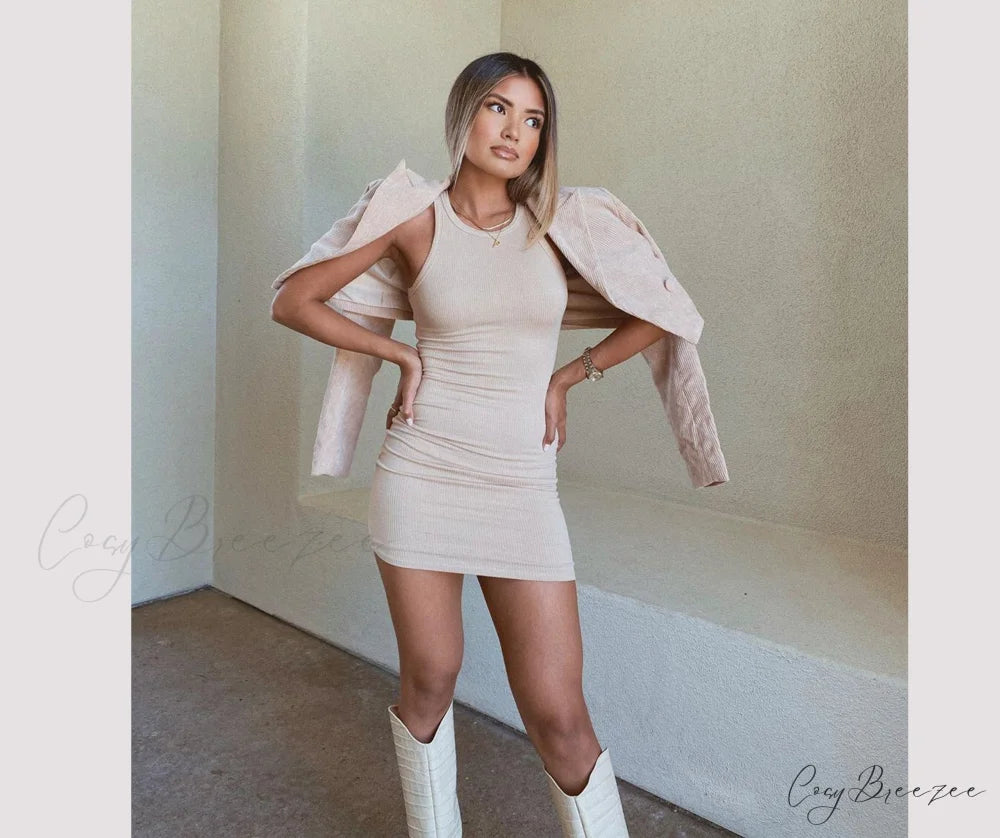 Ribbed Knit Crew Charming Neck Bodycon Mini Dress