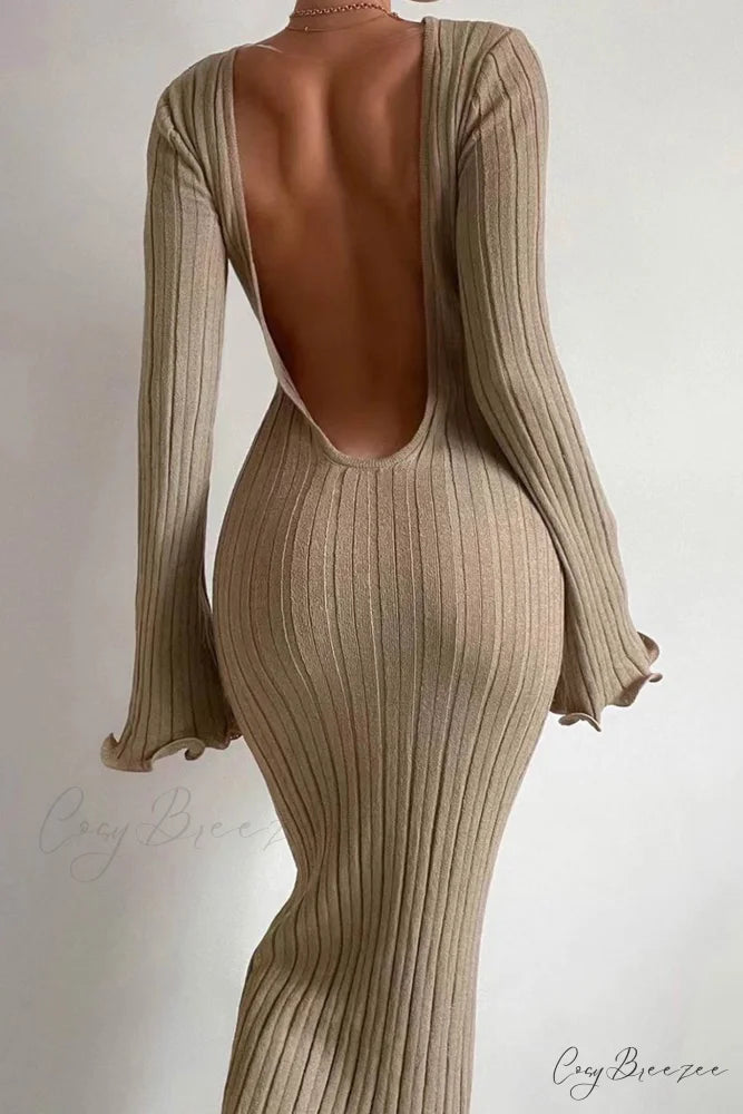 Ribbed Knit Dress with Long Flare Sleeves and Backless Design
