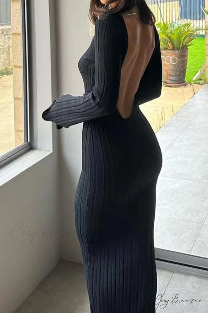 Ribbed Knit Dress with Long Flare Sleeves and Backless Design Black / M