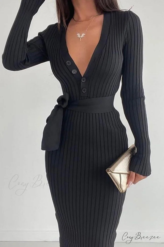Ribbed Knit Dress with Tie-waist