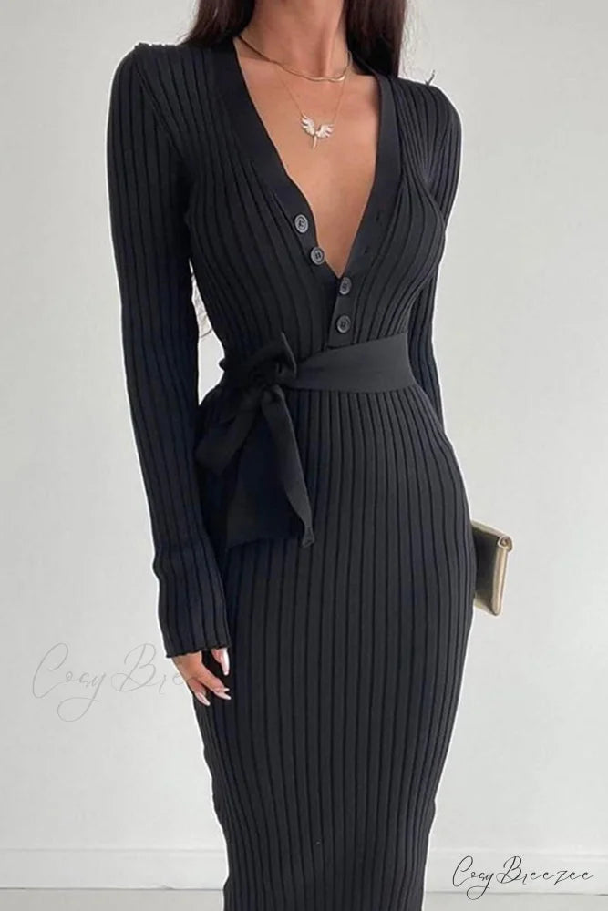 Ribbed Knit Dress with Tie-waist