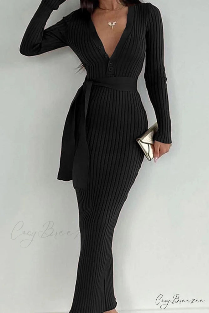 Ribbed Knit Dress with Tie-waist