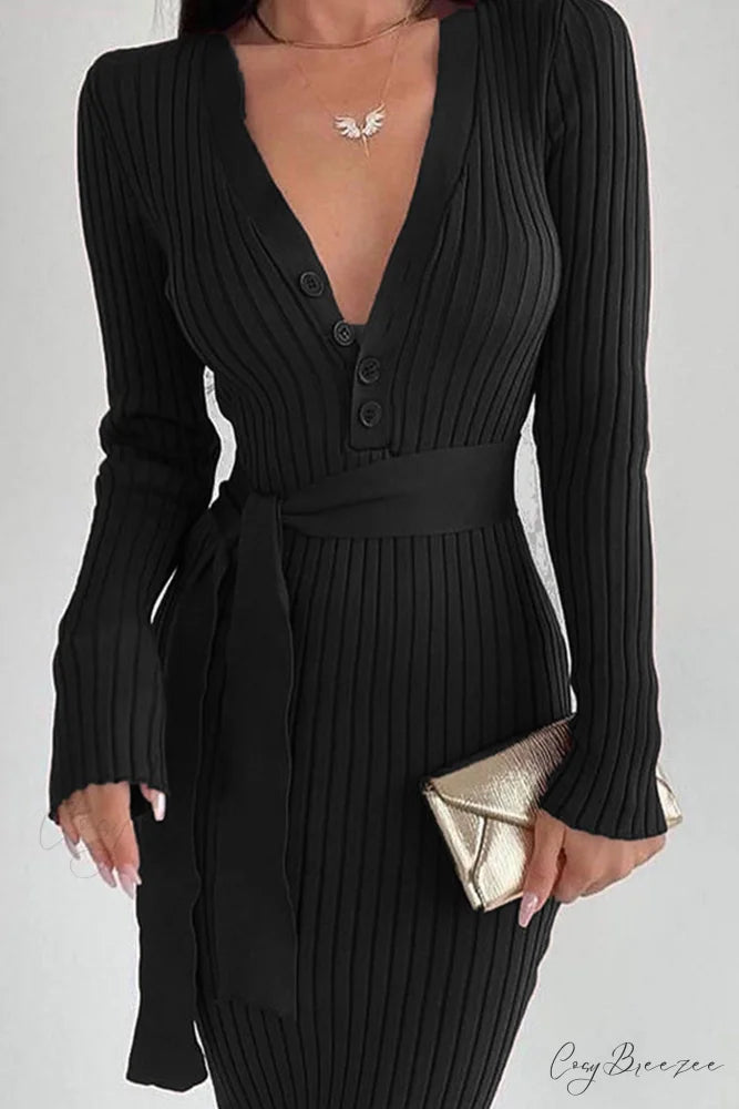 Ribbed Knit Dress with Tie-waist Black / L
