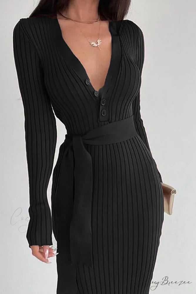 Ribbed Knit Dress with Tie-waist Black / M