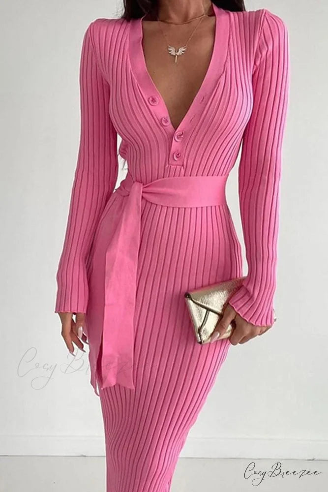 Ribbed Knit Dress with Tie-waist Pink / L
