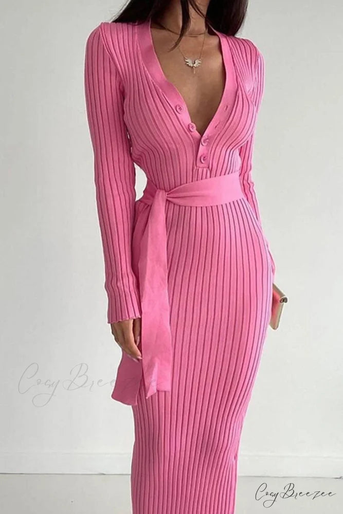 Ribbed Knit Dress with Tie-waist Pink / M