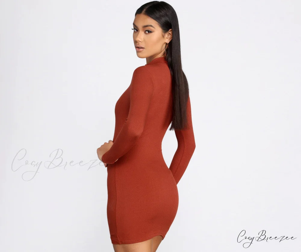 Ribbed Knit Mock Charming Neck Mini Dress