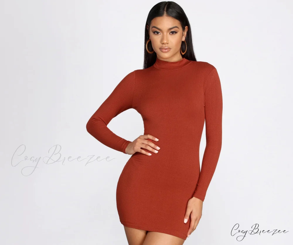 Ribbed Knit Mock Charming Neck Mini Dress RUST / XS