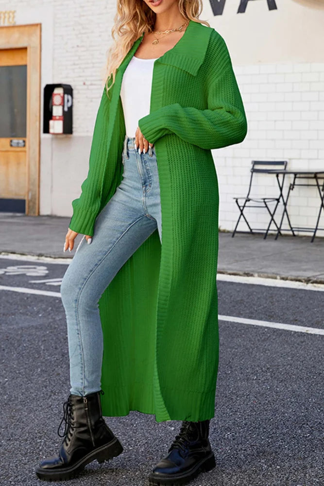 Ribbed Knit Open Front Cardigan with Lapel Green / S