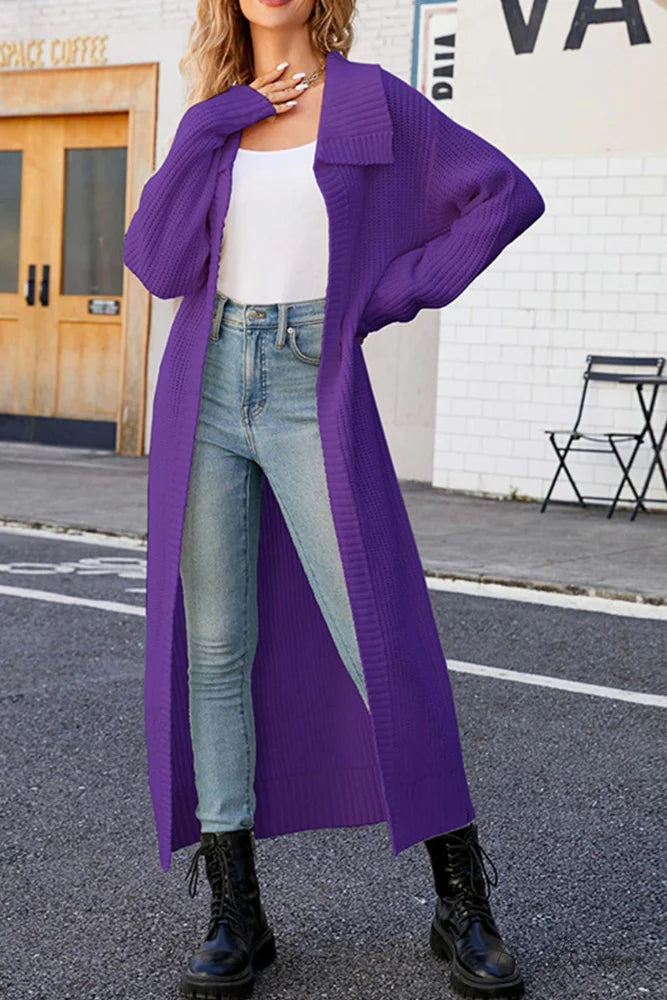 Ribbed Knit Open Front Cardigan with Lapel Purple / S