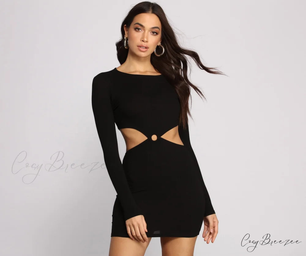 Ribbed Knit Stylish O-Ring Mini Dress BLACK / XS