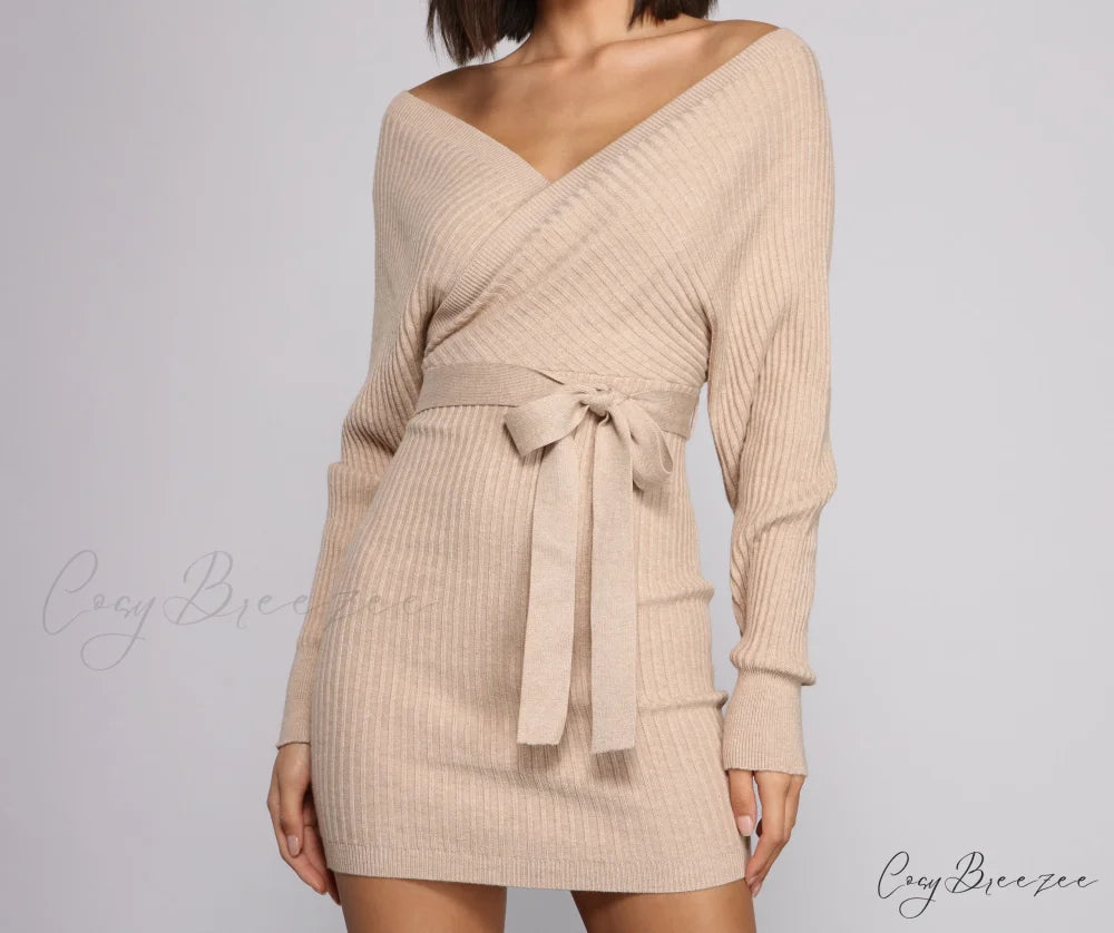 Ribbed Knit Tie-Front Charming Mini Sweater Dress