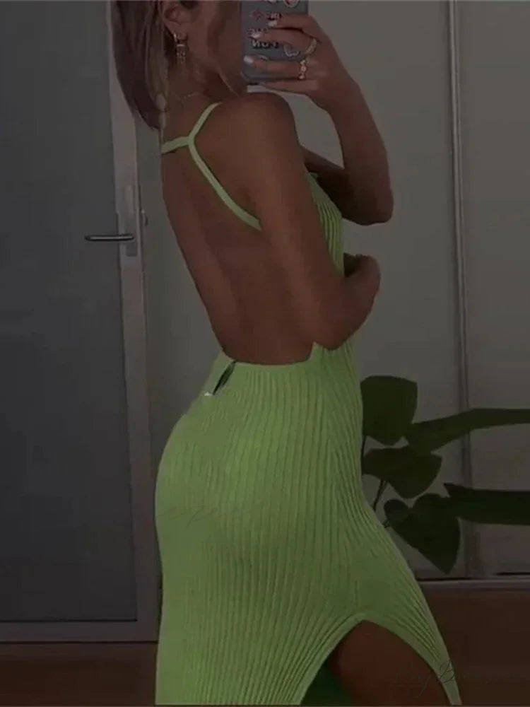 Ribbed Knitted Backless Split Summer Sleeveless Straps Sexy Midi Dress