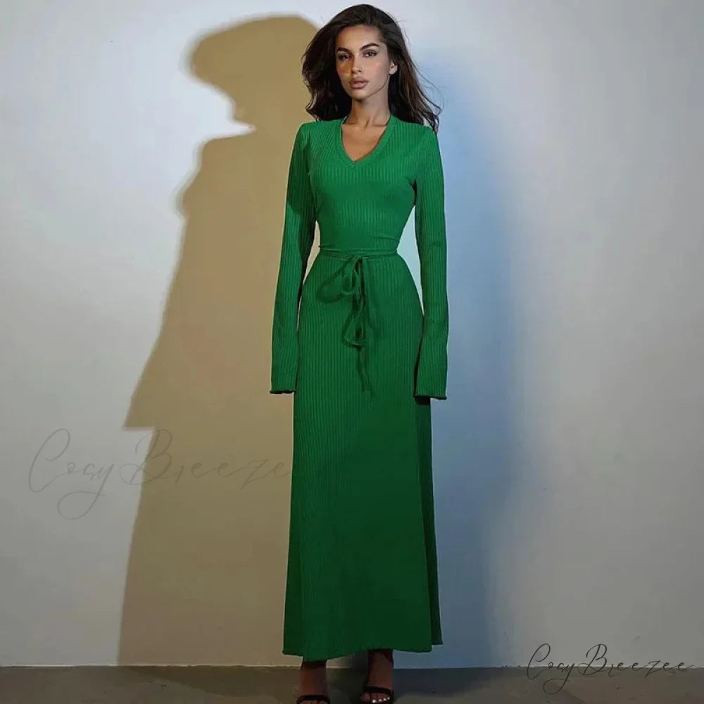 Ribbed Knitted Tie-detailed Fashionable Club-ready Birthday Autumnal Maxi Dress Green / S