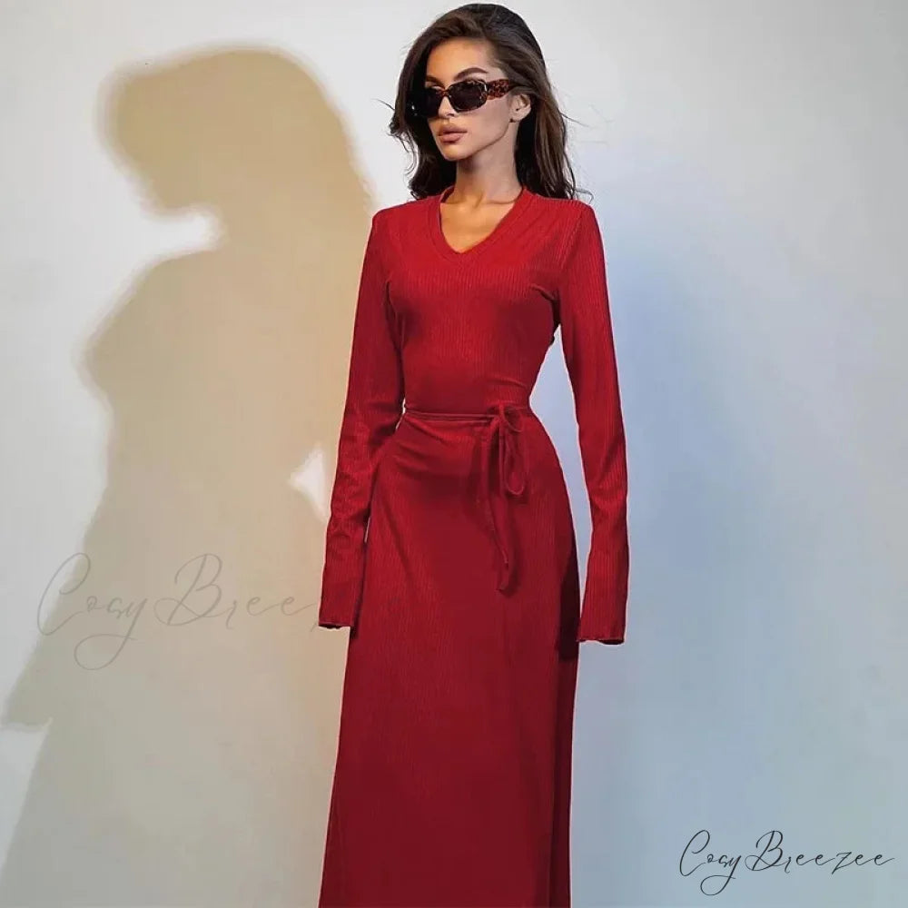 Ribbed Knitted Tie-detailed Fashionable Club-ready Birthday Autumnal Maxi Dress Red / S