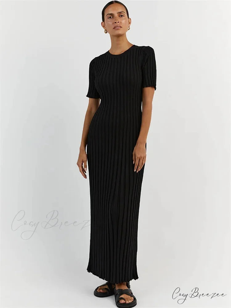 Ribbed Short Stylish Sleeve Maxi Dress Black / S