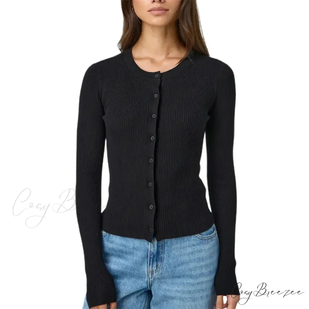 Ribbed Slim Button-Up Full Sleeve Cardigan Black / S cardigans-241228