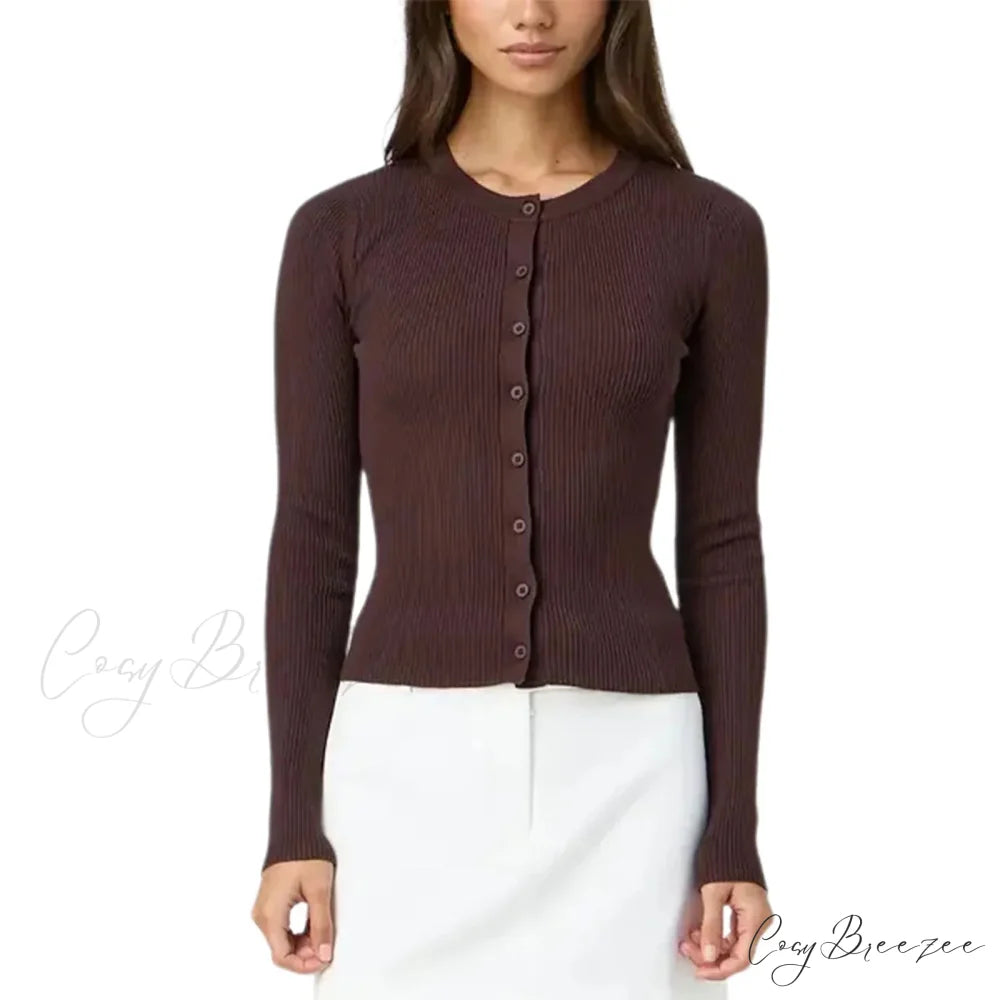 Ribbed Slim Button-Up Full Sleeve Cardigan Brown / S cardigans-241228
