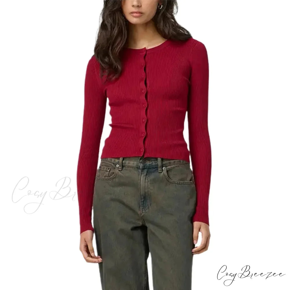 Ribbed Slim Button-Up Full Sleeve Cardigan Burgundy / S cardigans-241228