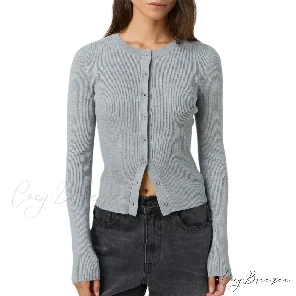 Ribbed Slim Button-Up Full Sleeve Cardigan GRAY / S cardigans-241228