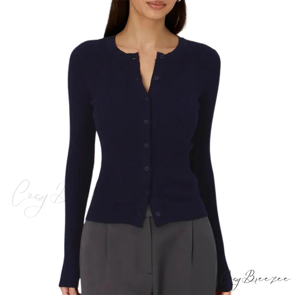 Ribbed Slim Button-Up Full Sleeve Cardigan Navy Blue / S cardigans-241228