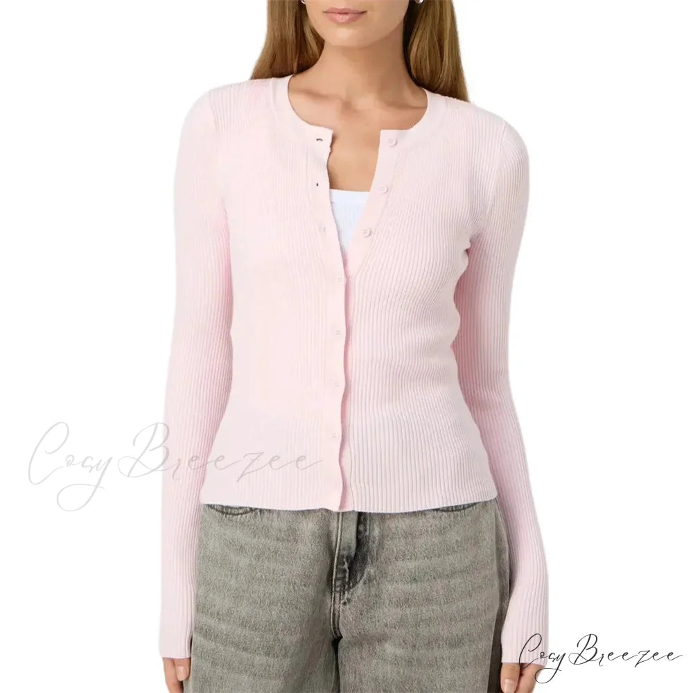 Ribbed Slim Button-Up Full Sleeve Cardigan Pink / S cardigans-241228