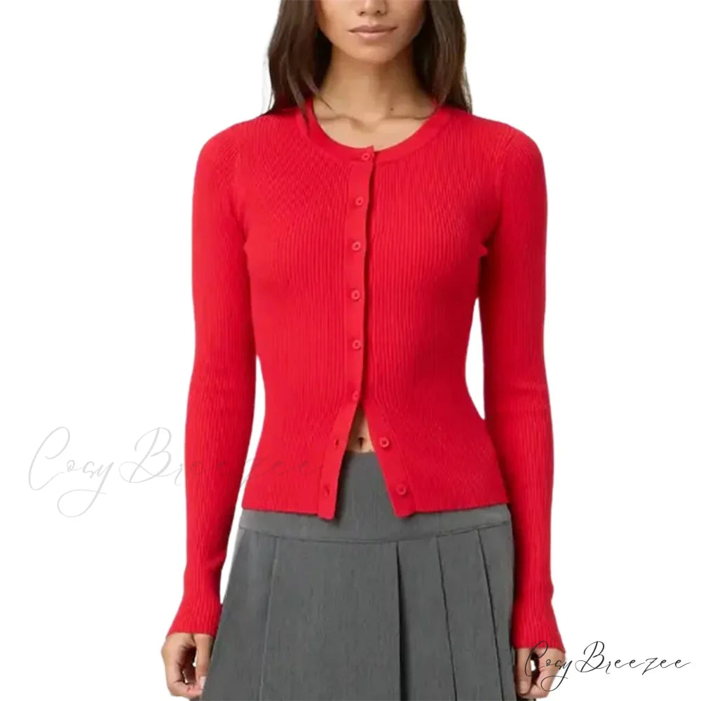 Ribbed Slim Button-Up Full Sleeve Cardigan Red / S cardigans-241228