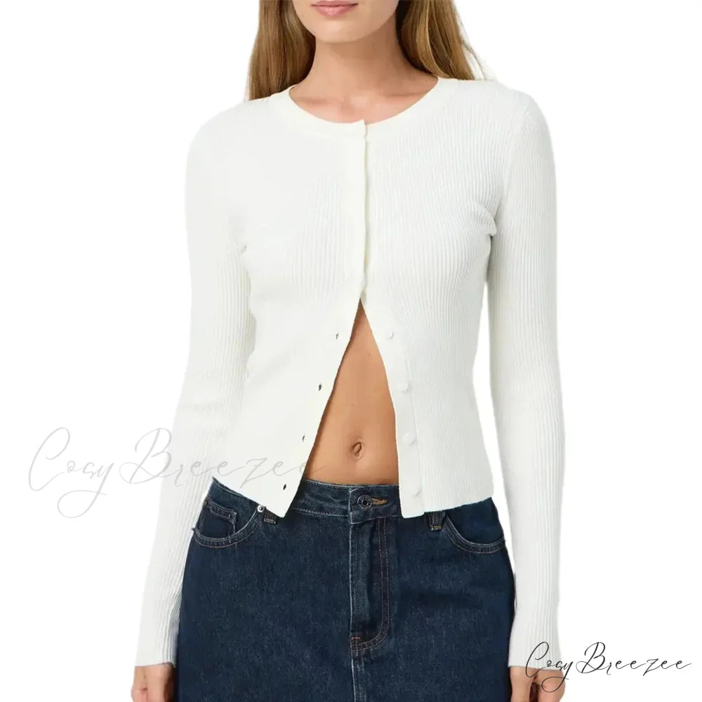 Ribbed Slim Button-Up Full Sleeve Cardigan WHITE / S cardigans-241228