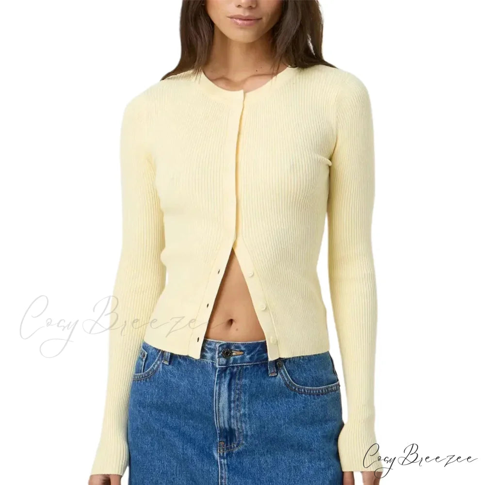 Ribbed Slim Button-Up Full Sleeve Cardigan Yellow / S cardigans-241228