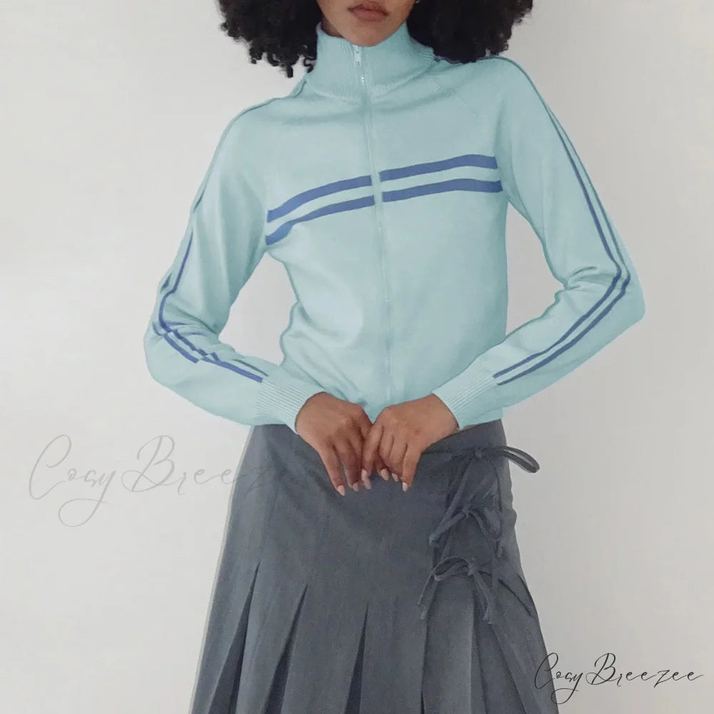 Ribbed Stripe Stylish Zipper Pullover Jacket