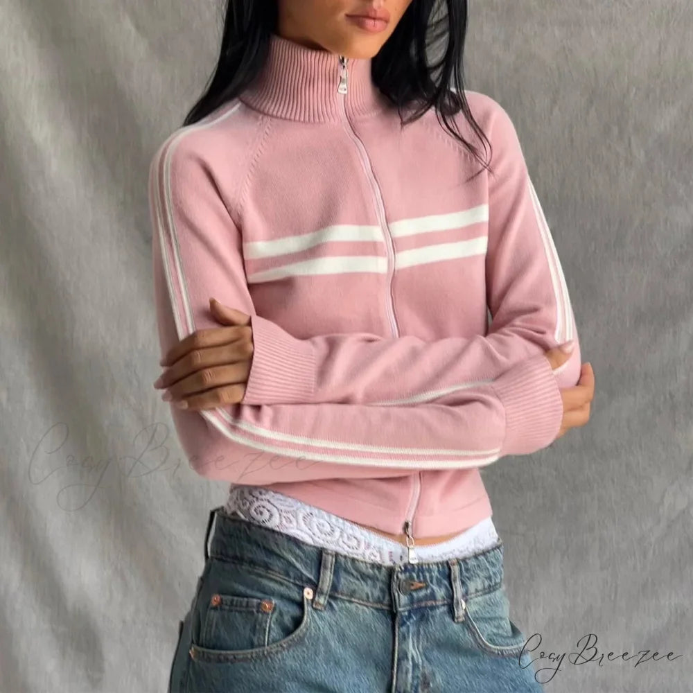 Ribbed Stripe Stylish Zipper Pullover Jacket Pink / S