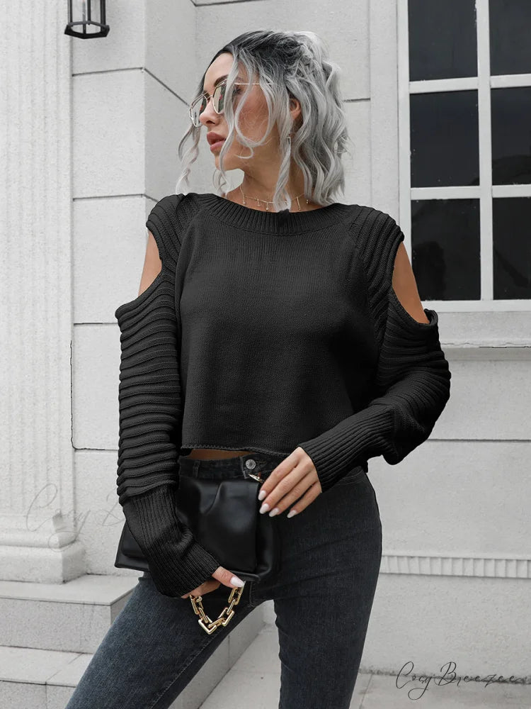 Ribbed Trim Cold-Shoulder Sweater Black / S