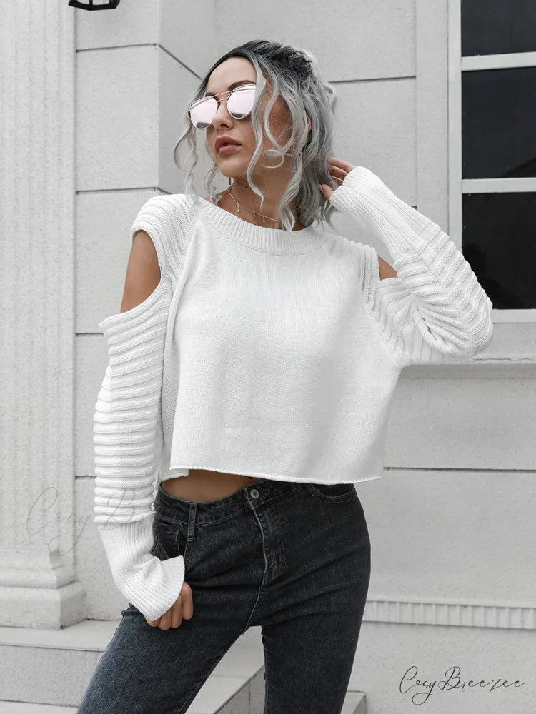 Ribbed Trim Cold-Shoulder Sweater White / S