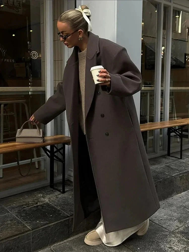 Ribbed Woolen Double-Breasted Coat overcoats-241228