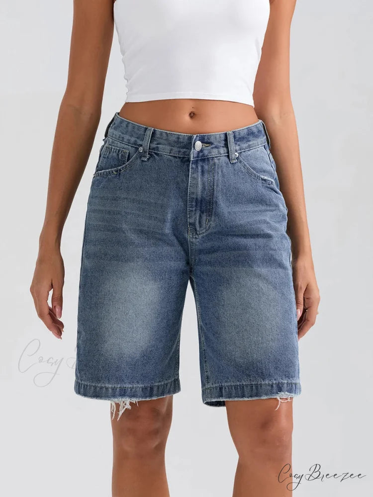 Ripped Button Denim Casual Shorts Light Blue / XS short-250223