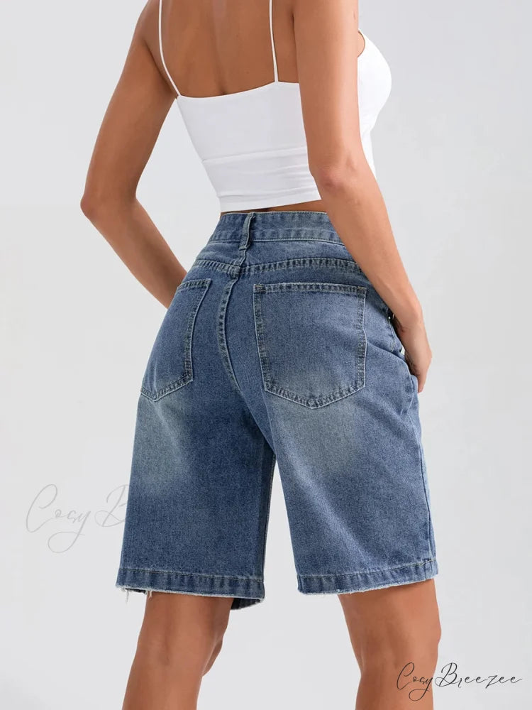 Ripped Button Denim Casual Shorts short-250223