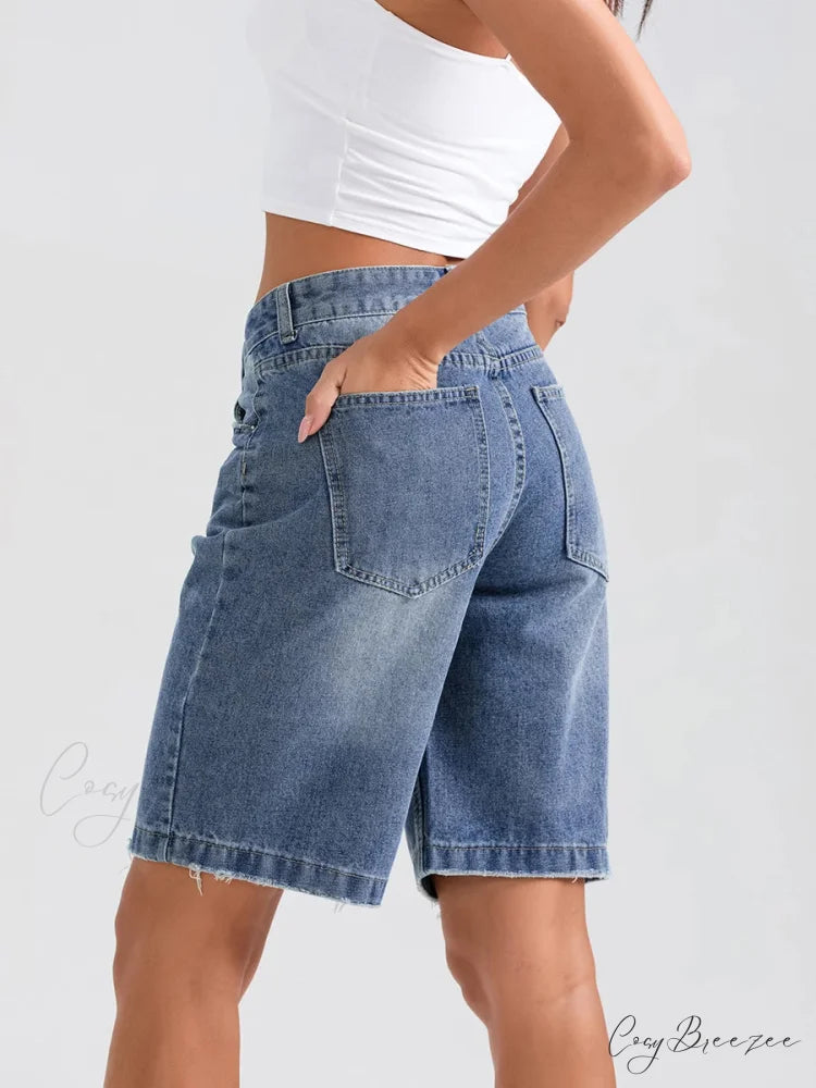 Ripped Button Denim Casual Shorts short-250223