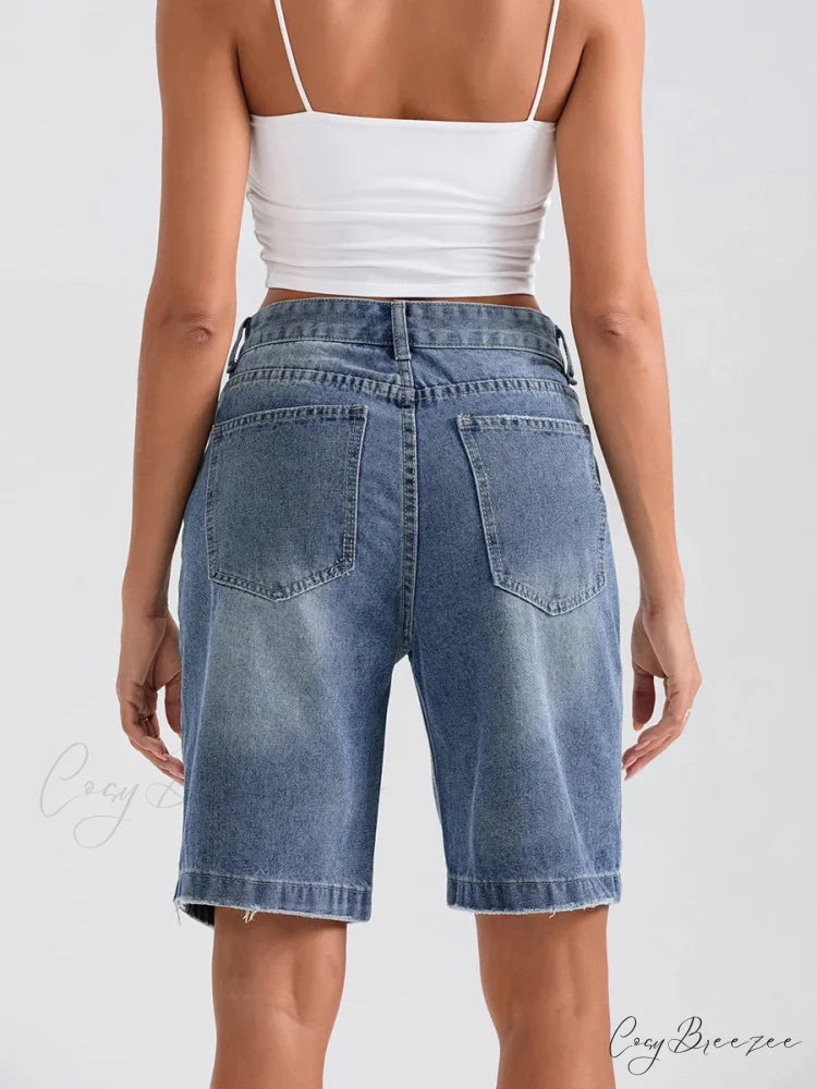 Ripped Button Denim Casual Shorts short-250223