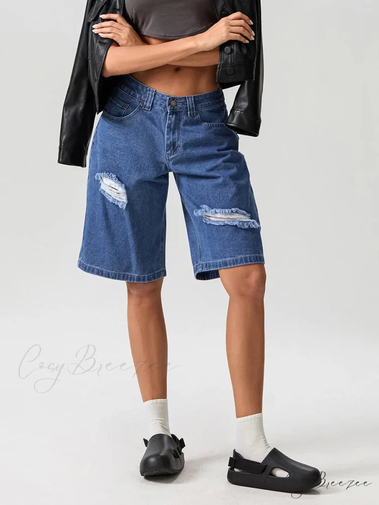Ripped Button Knee-Length Denim Shorts DEEP BLUE / S short-250223